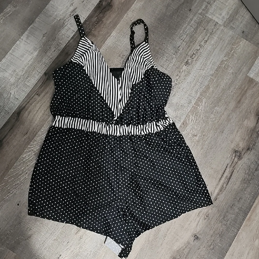 Cacique Black & White Polka Dot Romper with Striped Trim Swim Suit (A) - Picture 1 of 7